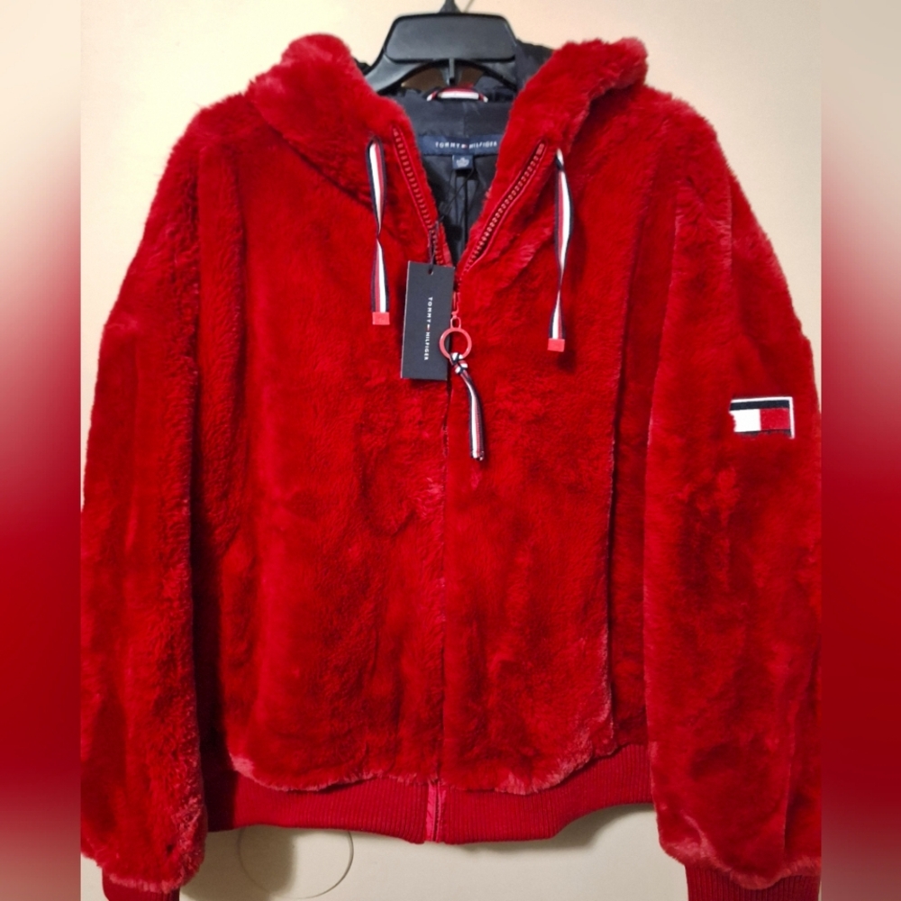 Tommy Hilfiger Faux Fur Red Womens Jacket in Size XL
